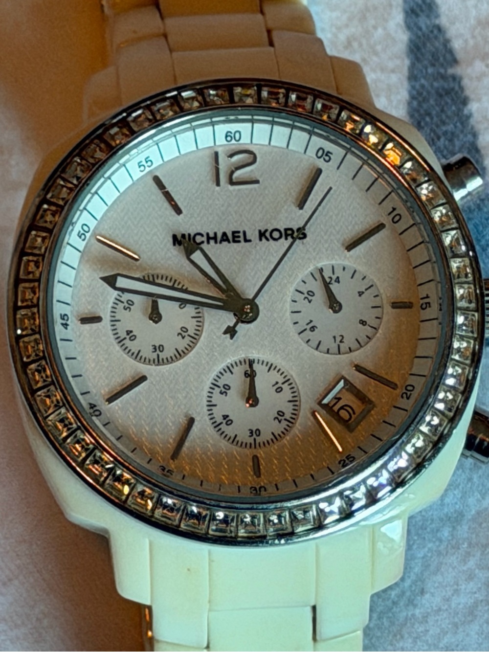 Michael Kors White and Silver Crystal-Trim Women's Chronograph Watch
